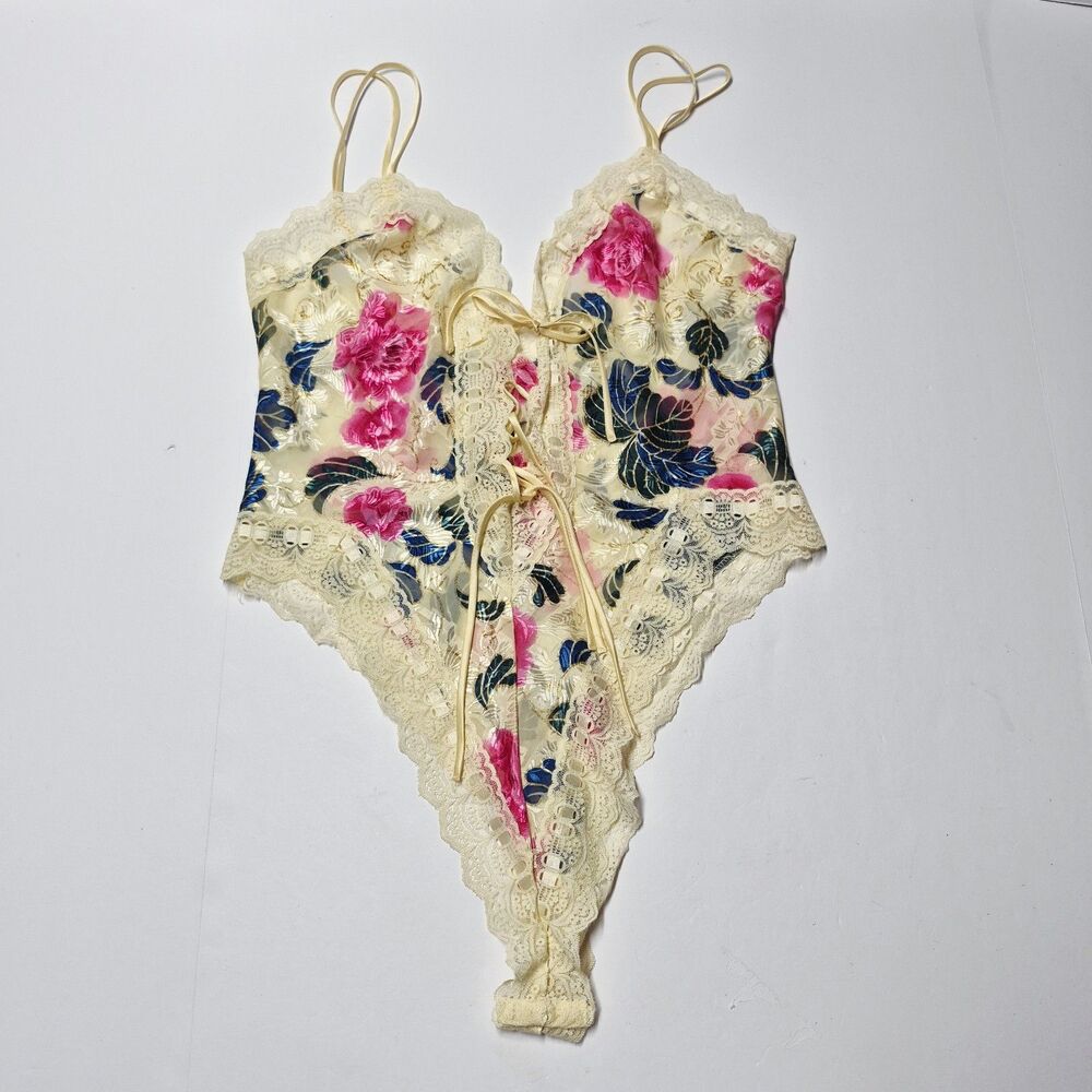 VTG 80s Victoria's Secret Gold Label NWT Floral Lace Up Teddy Bodysuit Large